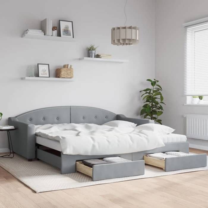 VidaXL Daybed with Trundle and Drawers Light Grey 100x200 Cm Fabric 3197589