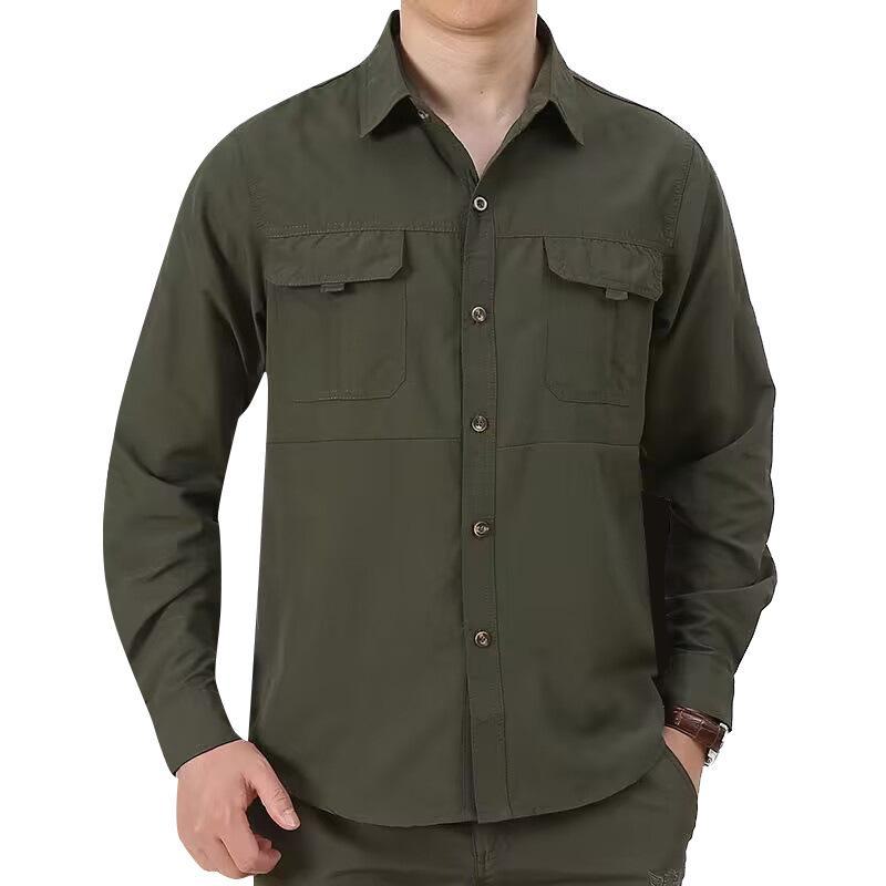 Men's Casual Loose-Fit Long-Sleeve Shirt - Solid Color, Large Size, Autumn Workwear with Pocket