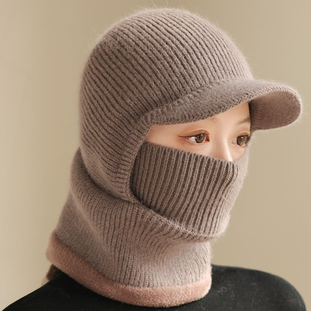 New Winter Balaclava Cap Women Keep Warm Windproof Knitted Hat Neck Protection Beanie Cap Plush Fur Lined Hats For Women
