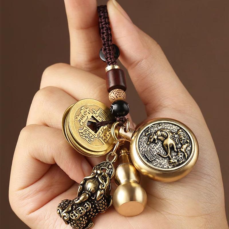 Pixiu Cinnabar Brass Keychain with Zodiac and Five Emperors Coins Pendant