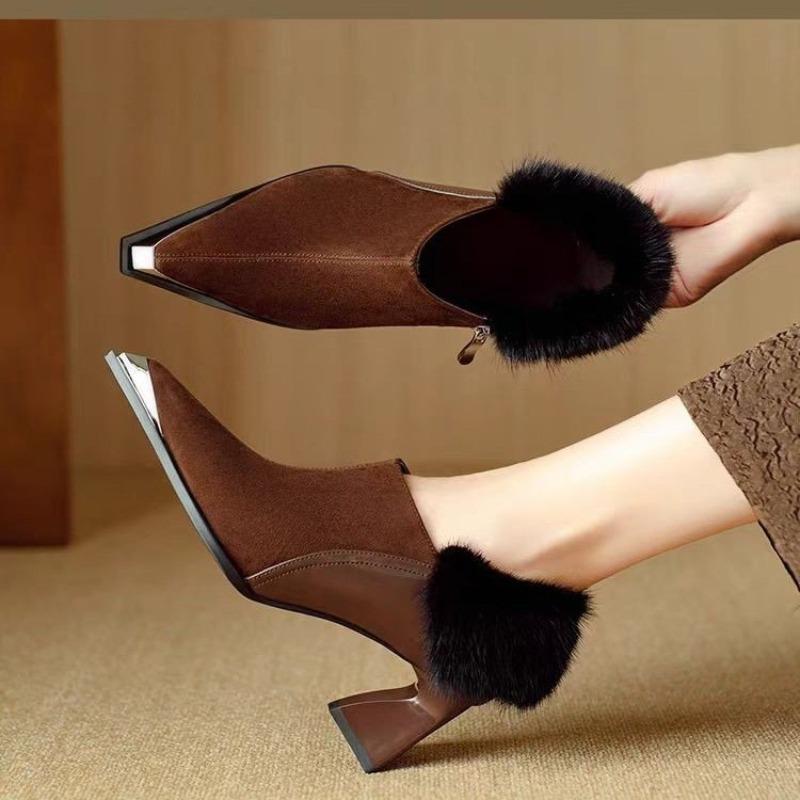 Fashion Autumn New Coarse Heel Shoes Women Fashion Metal Pointed Side Zipper Anti-slip Wear-resistant Plush Low-top Shoes