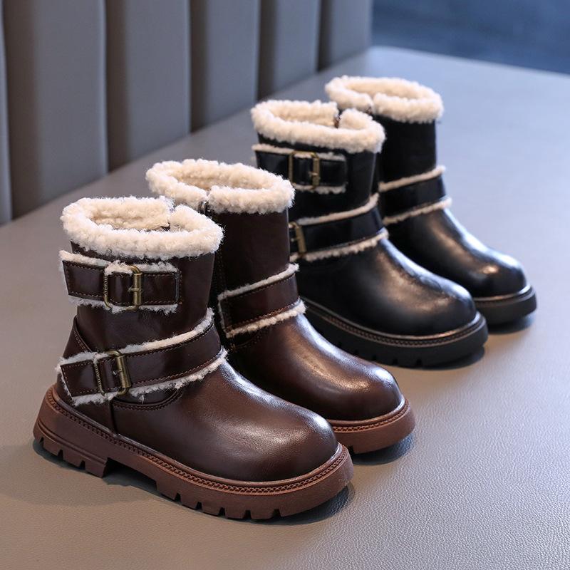 Girl Platform Black Leather Boots Simple Chic Winter Boots for Children Fashion Causal Versatile Kids British Style Cotton Boots