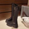 Women'S Autumn Winter  New Retro Round Toe Thick Soled High Top Boots With Thick Heels And Leather Buckle Elastic Slim Boots