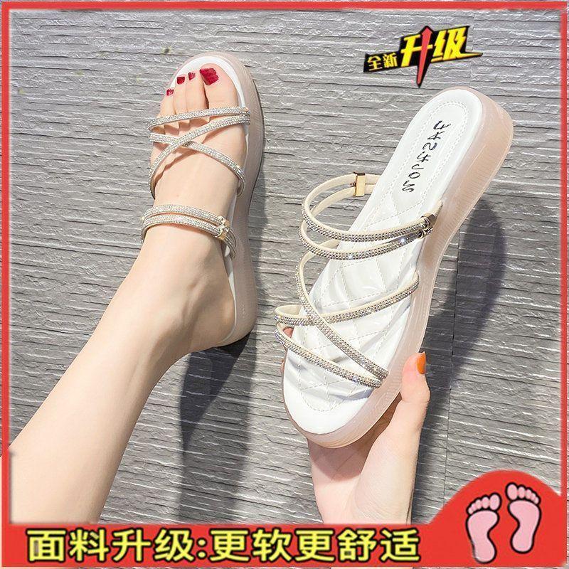 Two Sandals for Women's Fashion Outer Wear 2025 New Summer Flat-bottomed Rhinestone Shoes Soft-soled Jelly Shoes First Women's Shoes