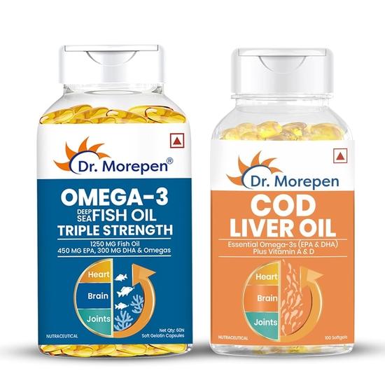 DR. MOREPEN Combo of Omega 3 Fish Oil Capsules Softgel 1250 Mg and COD Capsules for Men & Women, 260 Grams