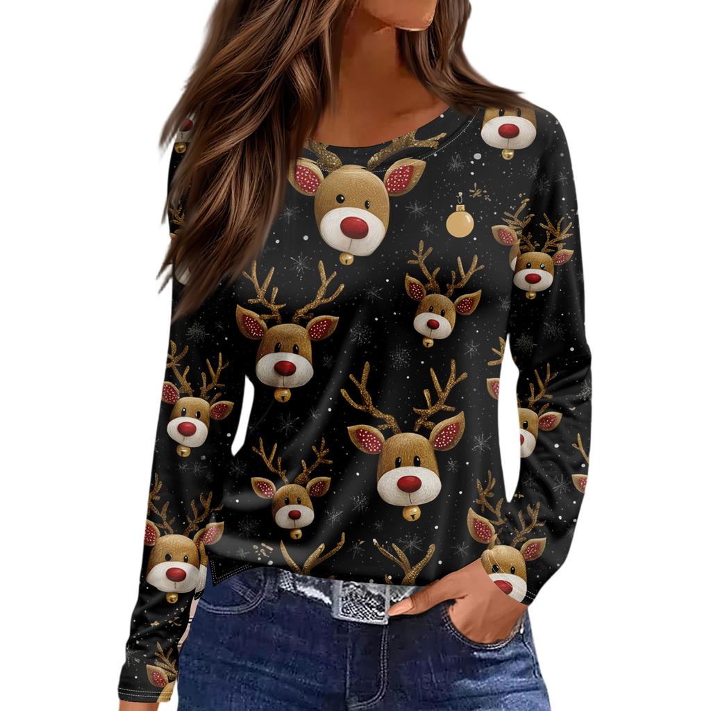 Women's Fashion Hem Slit Casual Christmas Printed Round Neck Long Sleeve Top