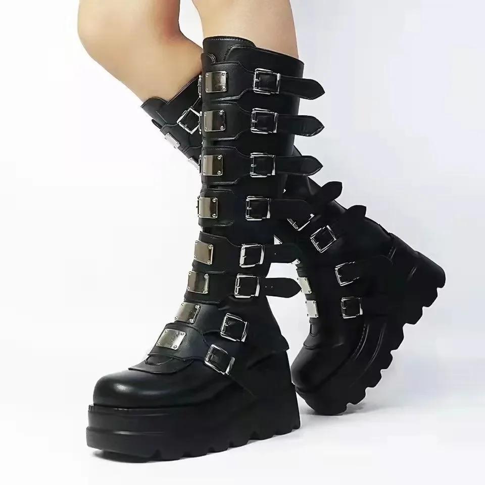 Boots Women Gothic Shoes Platform Knee High Punk Black Sexy Motorcycle New Halloween Cosplay 2024 Botas Mujer Zapatos De Mujer