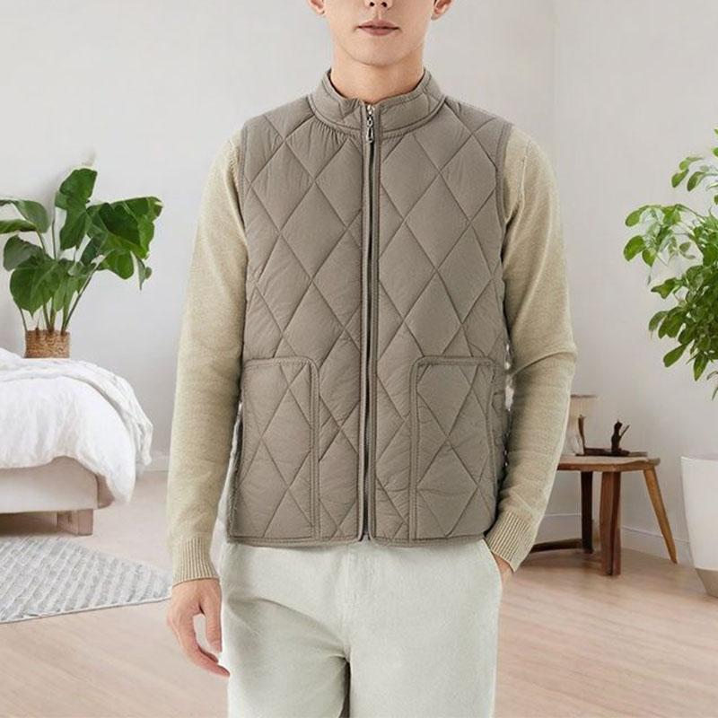 Autumn Winter New Men Thin Down Cotton Coat Vests Stand Collar Solid Zipper Pockets Fashion Casual Loose Sleeveless Cardigan Top
