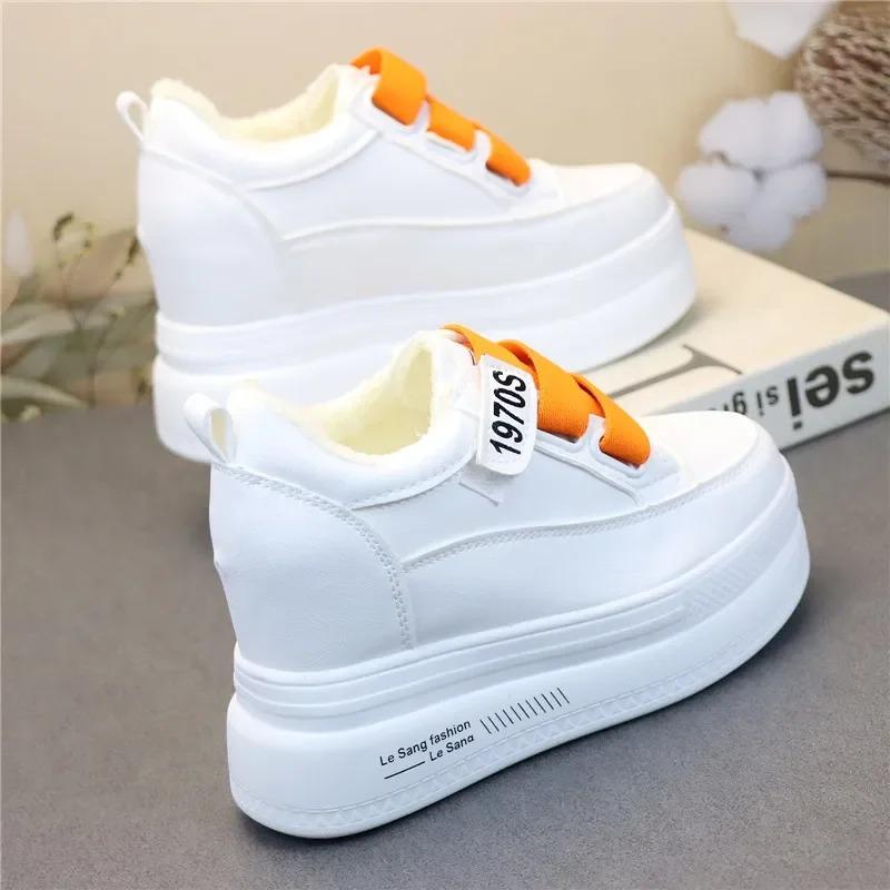 Fashion Genuine Leather Women Plush Platform Sneakers Wedgies Spring Casual Vulcanized Shoes Ladies Thick Bottom Court Sneakers White