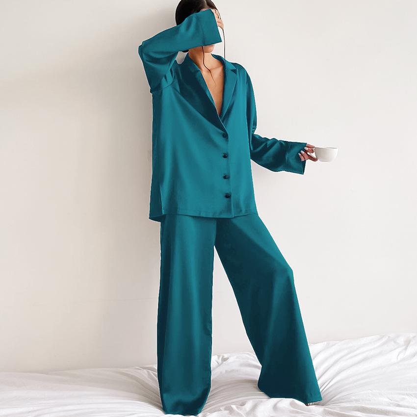 New Satin Silk Pajamas Low-cut Sexy Pajamas for Women Single-breasted Long-sleeved Wide-leg Pants Trousers Suit