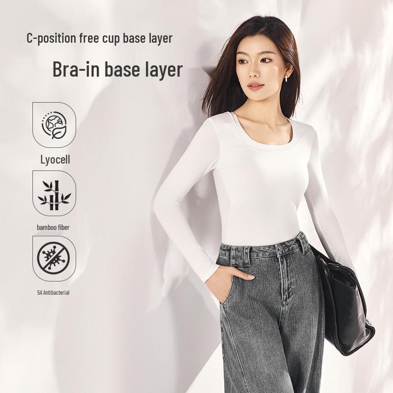 Women's Tencel Bamboo Fiber Long Sleeve Base Shirt with Chest Pad - Autumn/Winter Slimming Top