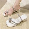 2025 Summer New Versatile Rhinestone French Thick Heel Set Toe Slippers Women Wear Sandals High-end Flip-flops