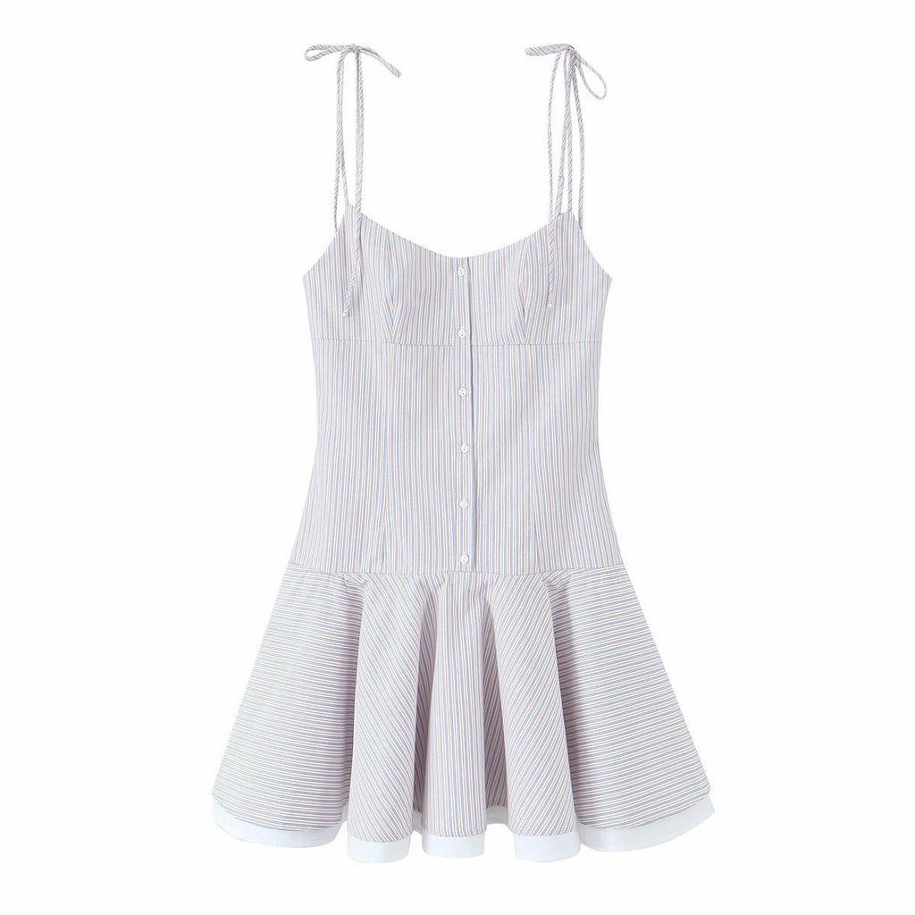 2025 Spring Blue Striped Sling Dress - Women's European & American Style