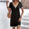 Women's Fashion Summer Spring Solid Color Print Short Sleeve V-Neck Loose Waistline Casual Dresses