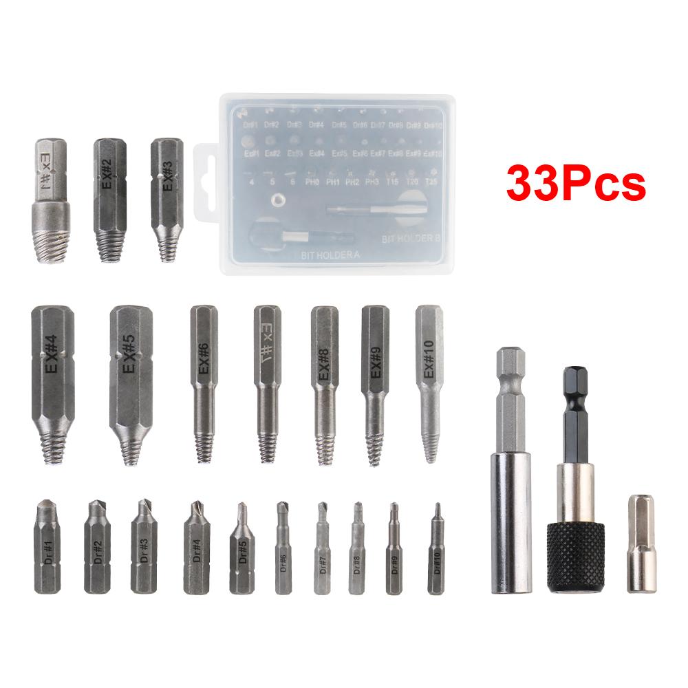 22/33Pcs Drill Bit Set Holder Damaged Screw Removal Tools Magnetic Extension Bit Broken Head Bolt Extractor Screw Extractor