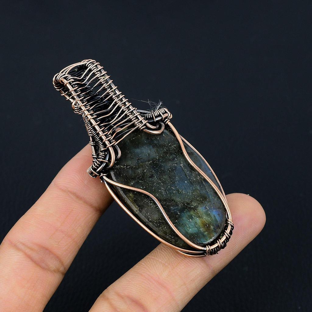 Labradorite Pendant, Handmade Gemstone 999 Copper Wire Wrapped Pendant Antique Jewelry, For Gift Silver Jewelry