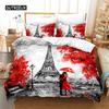 Duvet Cover Eiffel Tower Romantic Couple Flower King Comforter Cover Microfiber France Paris Cityscape Bedding Set for Teen