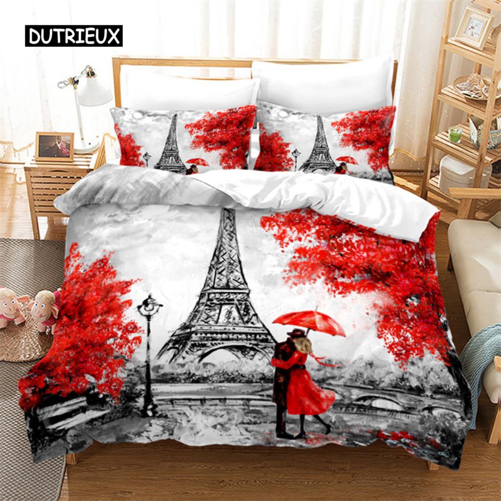 Duvet Cover Eiffel Tower Romantic Couple Flower King Comforter Cover Microfiber France Paris Cityscape Bedding Set for Teen