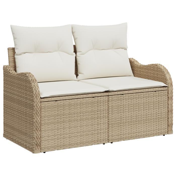 Canapé de Jardin 5 Pièces avec Coussins Beige Poly Rattan Acacia, Canapé de Jardin 2 Places avec Coussins Beige Poly Rattan 3349455