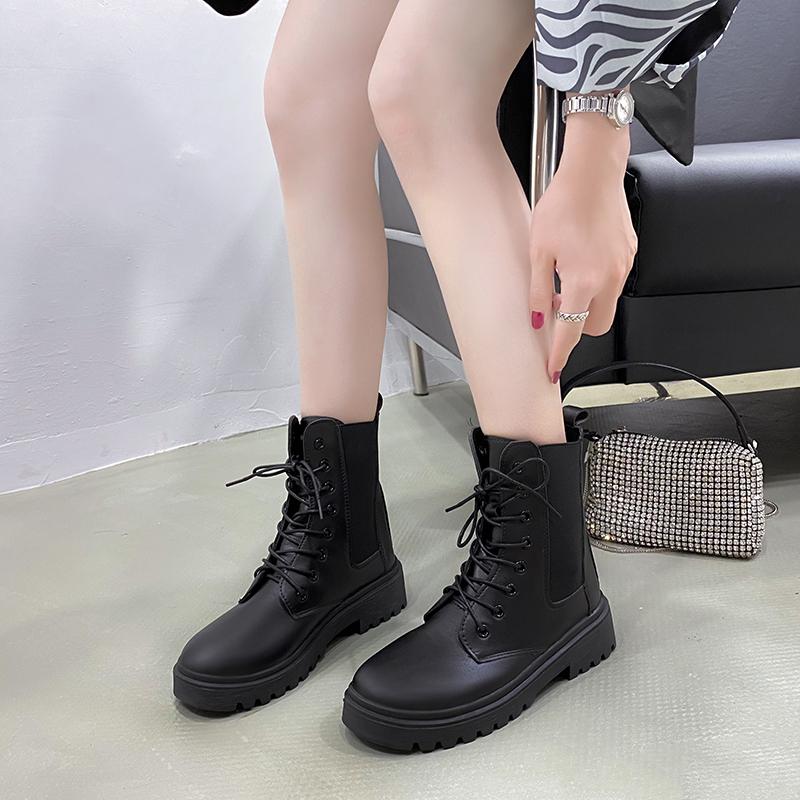 Size 42 Women Motorcycle Ankle Boots Wedges Female Lace Up Platforms Black Shoes Woman Botas Mujer