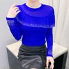 Spring Autumn Women's Ruffles Hotfix Rhinestone T-Shirt Elegant Full Sleeve O-neck Tees Slim Ladies Tops