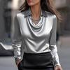 Elegant Satin Cowl Neck Blouse with Shirt Collar and Long Sleeves