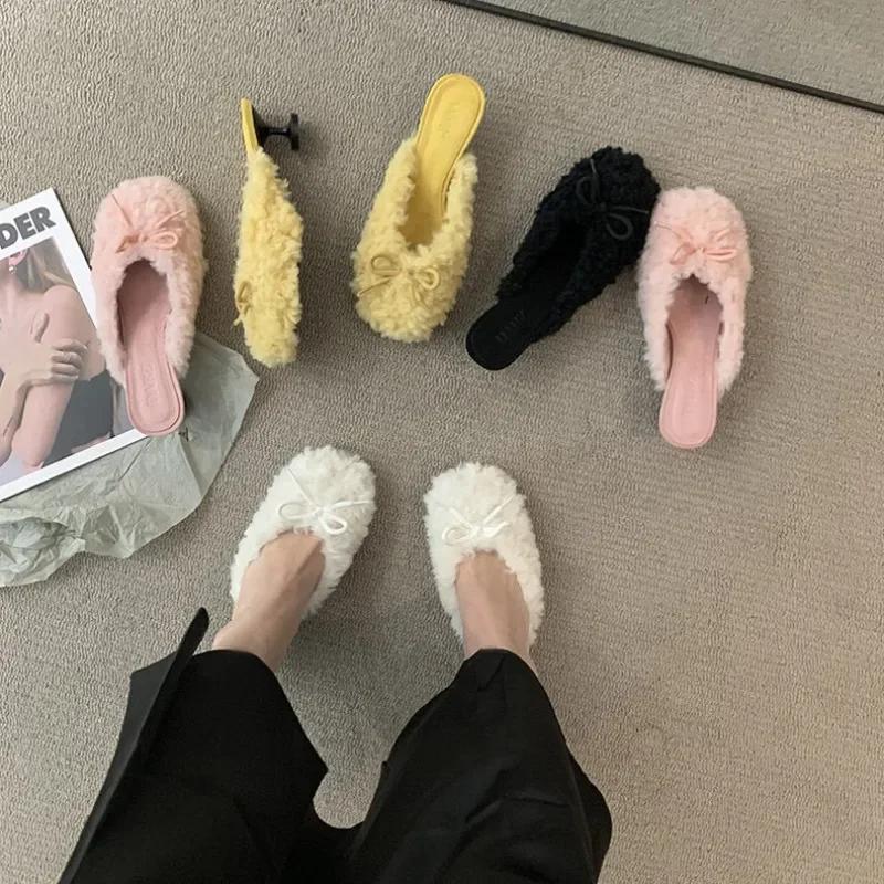 Fashion Women Fashion Elegant Round Toe Lamb Hair Slippers Winter Outdoor High Heel Banquet Plush Shoes Female Zapatillas Mujer