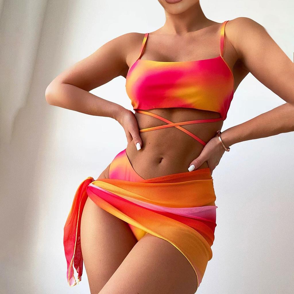 Women's Solid Color Swimsuit Women's Split Thin Strap High Waist Swimsuit Cover-up Four-Piece Set