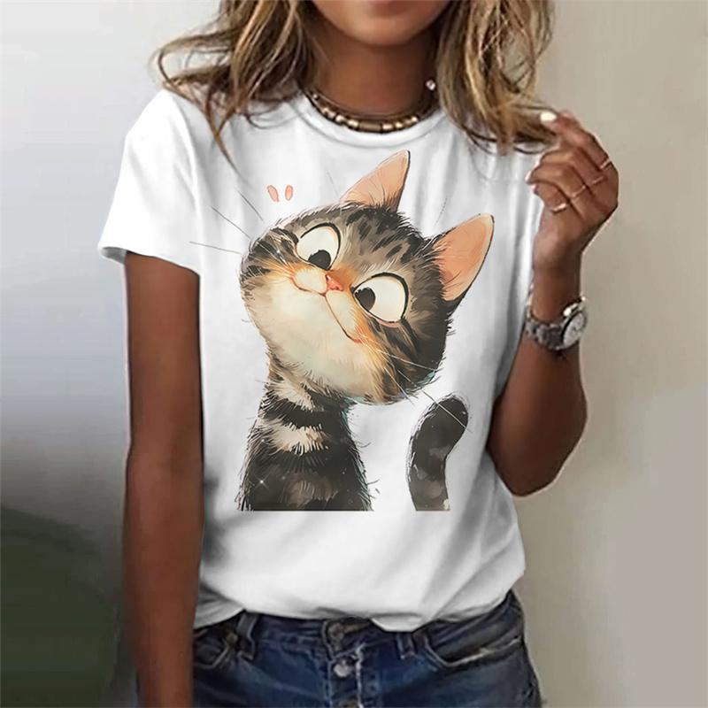 3D Printed Cute Animal T Shirt For Women Funny Cat Pattern Tees Summer Harajuku T-Shirts Round Neck Tops Loose Short Sleeves