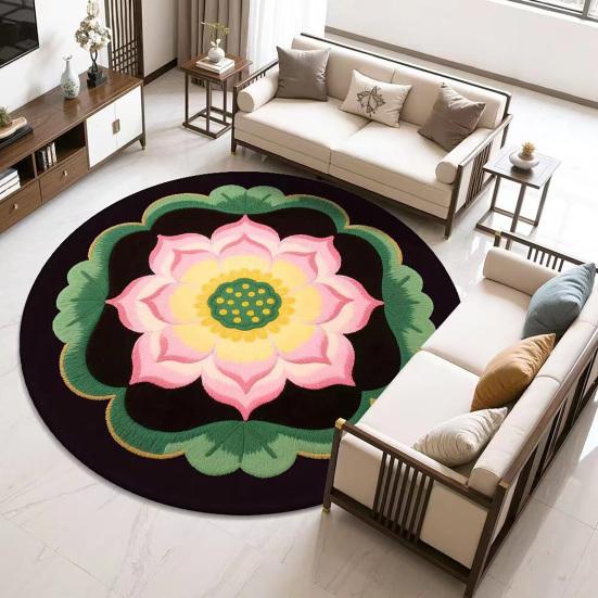Yousheng Lotus Flower Floor Mat Round Living Room Rug Lotus Pattern Carpet with Non-Slip Backing for Home Office Bedroom Kitchen