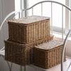 Household Storage Basket Imitation Rattan Woven Storage Box with Lid Dustproof Clothes Sundries Container Desktop Organizer