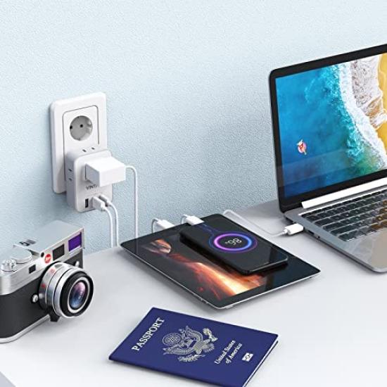 VITNAR Type C Power Adapter Converter for International Includes 4 AC 2 USB A and 1 Type C Port for and More Use, Outlets, Ports, Korea, Spain,