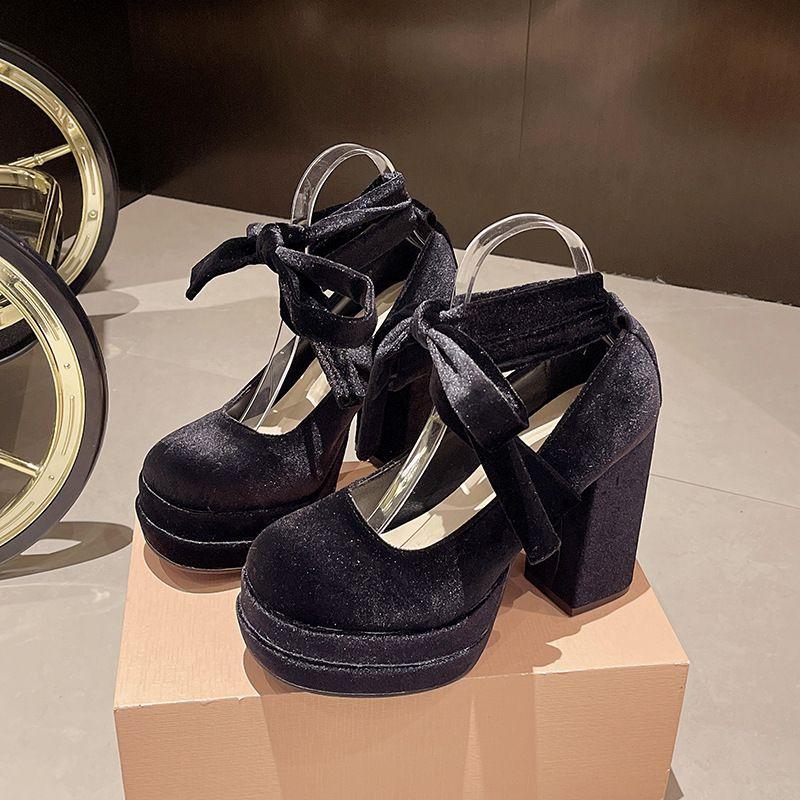 Fashion Platform Women Mary Jane Shoes Fashion Elegant Cross Strap Thick Heeled Shoes Spring Ladies College Style Suede Dress Pumps