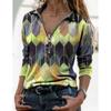 Women Fashion Printing Splicing Lapel Long-sleeved Casual T-shirt Loose Clothing Tops