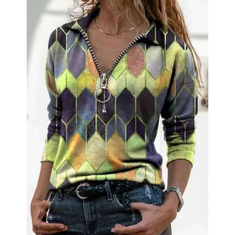 Women Fashion Printing Splicing Lapel Long-sleeved Casual T-shirt Loose Clothing Tops