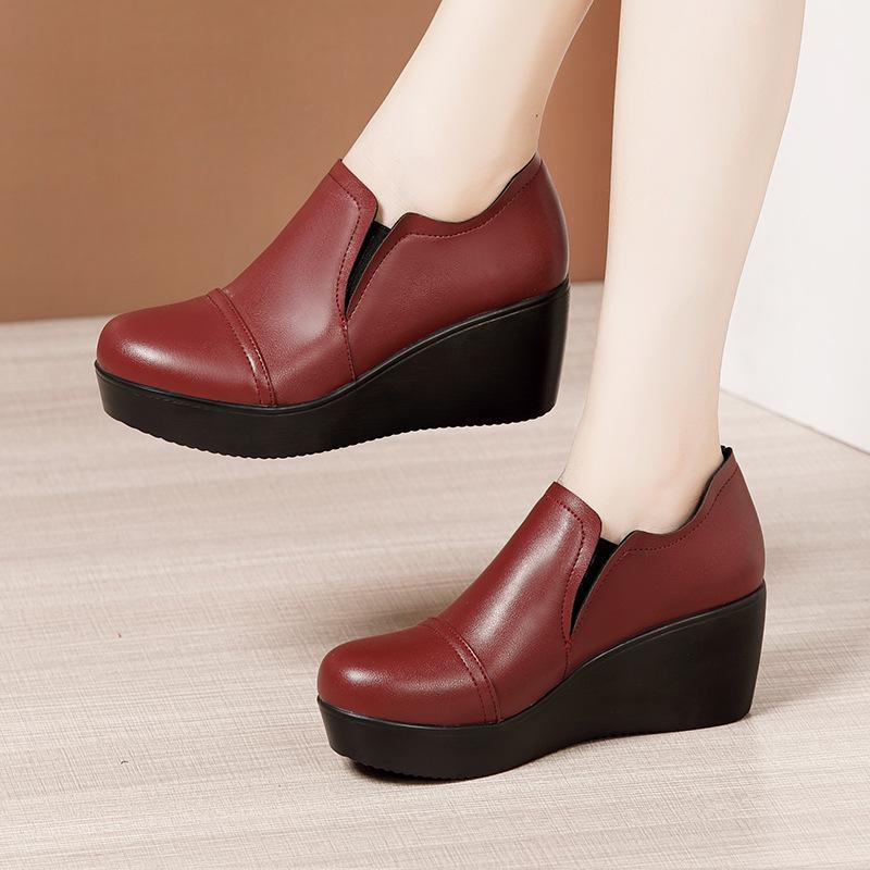 Fashion Wedges Women Shoes Autumn Winter Slip-On High Heels Round Toe Genuine Leather Casual Ladies Platform Shoes Woman Boots