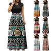 Women's Fashion Casual Ethnic Print Round Neck Short-Sleeved Large Size Long Dresses