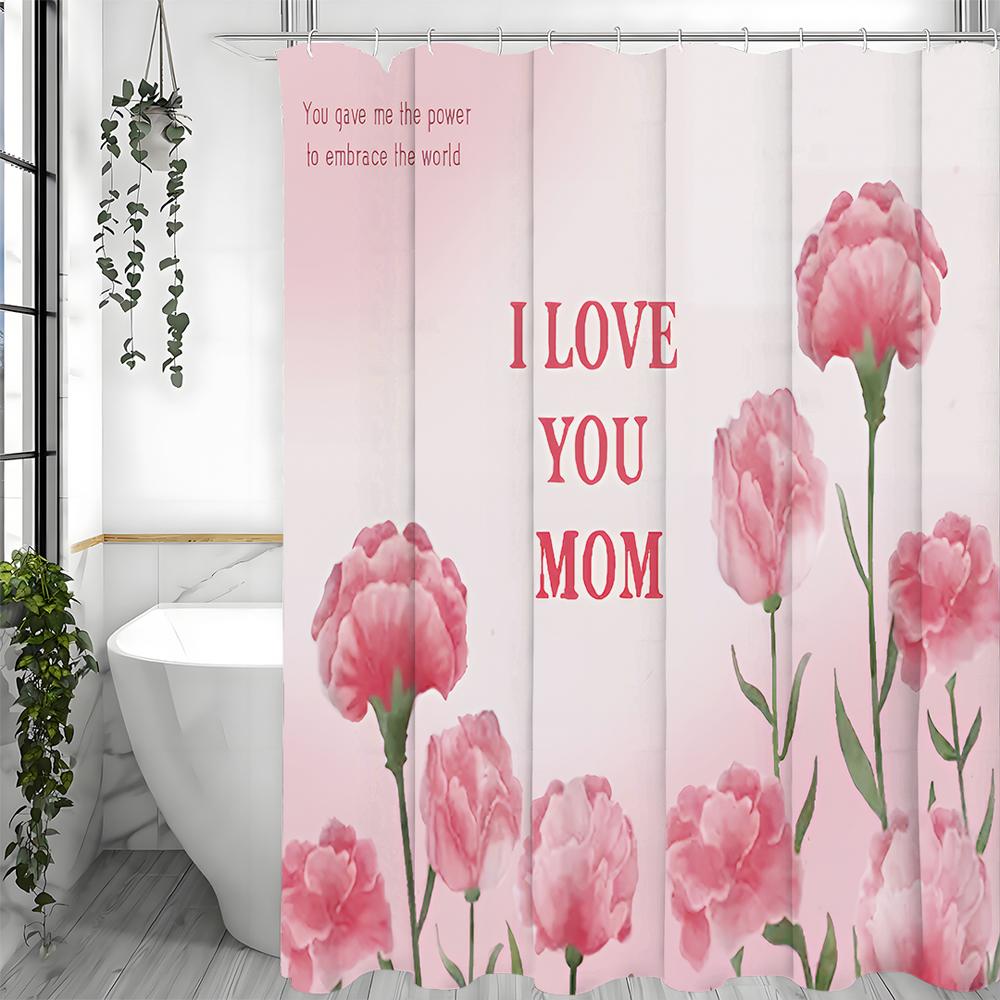 Mother's Day Carnation I Love You Mom Text Shower Curtain, Bathroom Decorative Shower Curtain, Waterproof Shower Curtain with Ho