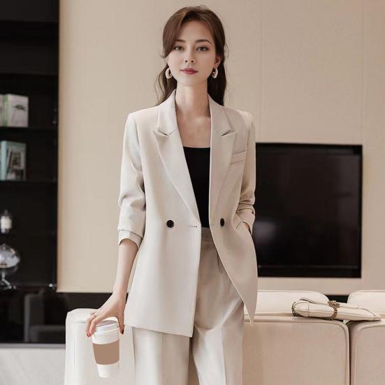 3 Pcs/Set Lady Formal Suit Coat Pants Set Turn-down Collar Button Decor Long Sleeves Jacket Loose Pure Color Trousers Casual Commuting Business Outfit