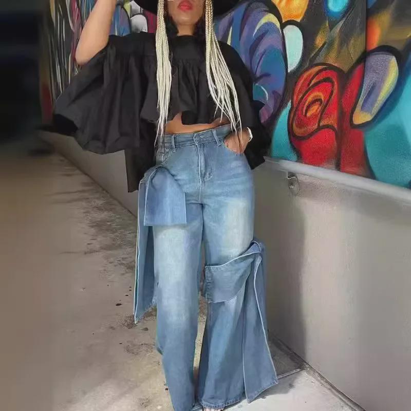 2024 Spring Retro High Waist Straight Splicing Jeans for Women - Washed Casual Style