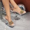 New Sexy Car Model Fashionable Transparent Nightclub Thick Heel Crystal Square Head Non-slip Rhinestone 12CM 1987-Q17
