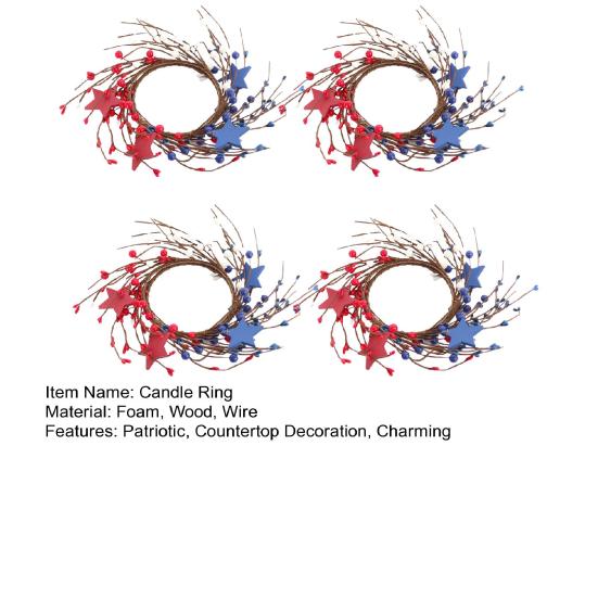 Patriotic Candle Ring Wreath Red White Blue Star Mixed Artificial Berry Candle Wreath Mini Pillar Candle Holder for 4th of July Tabletop Decor