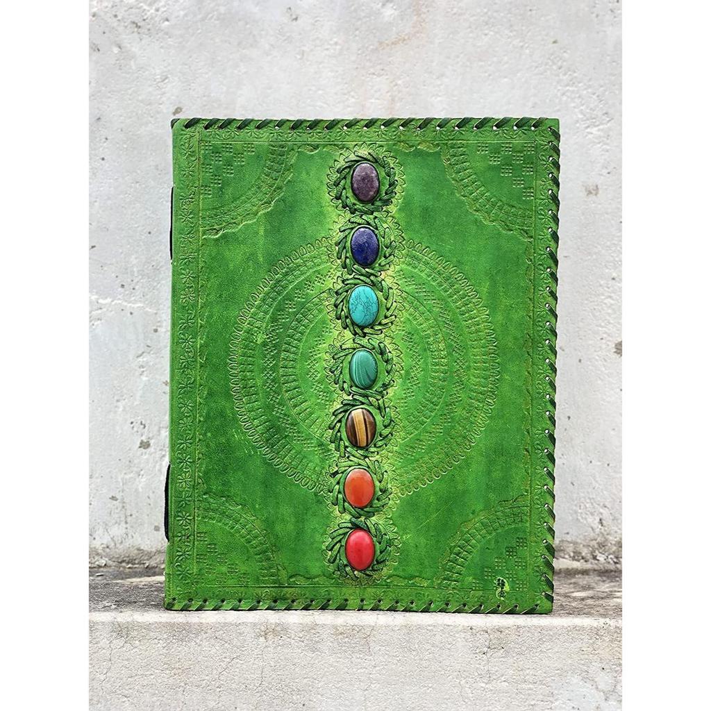Fat Leather 600 Pages Journal Large Seven Stone Leather Notebook Journal Blank Handmade Book Sketchbook Everyday Use (Lined Pages, Green)