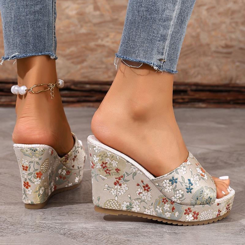 High-heeled Slippers Women's Summer New One-word Fish Mouth Slippers Wedge Heel Muffin Cold Slippers