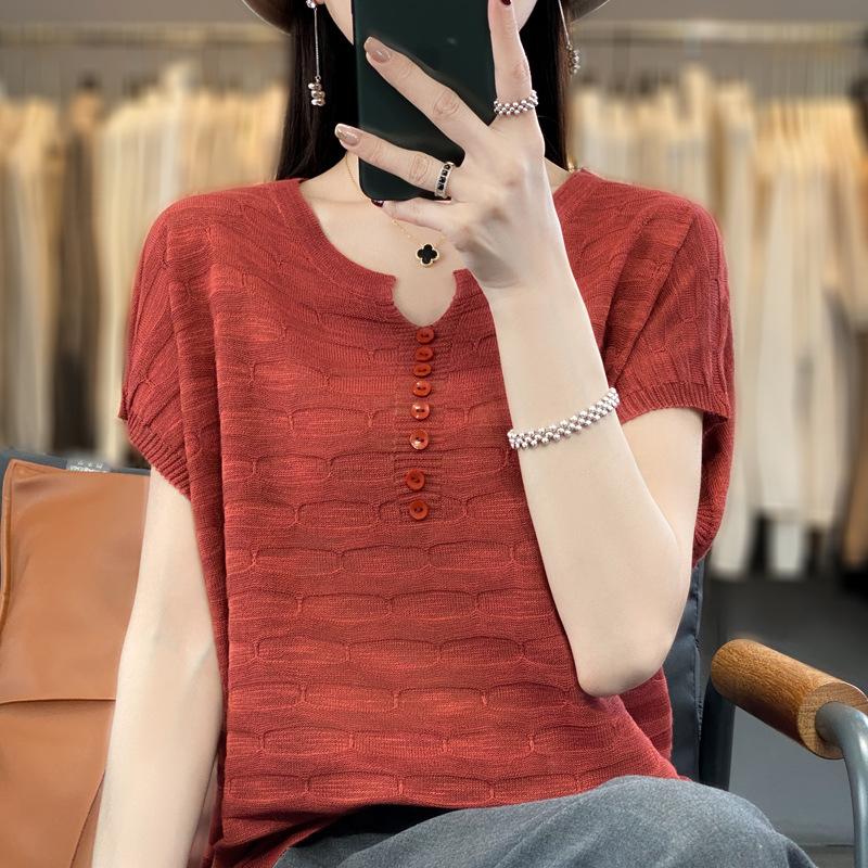 Summer Women T-shirt Loose Casual Solid Color Ice Silk Short Sleeve Loose Knit Top