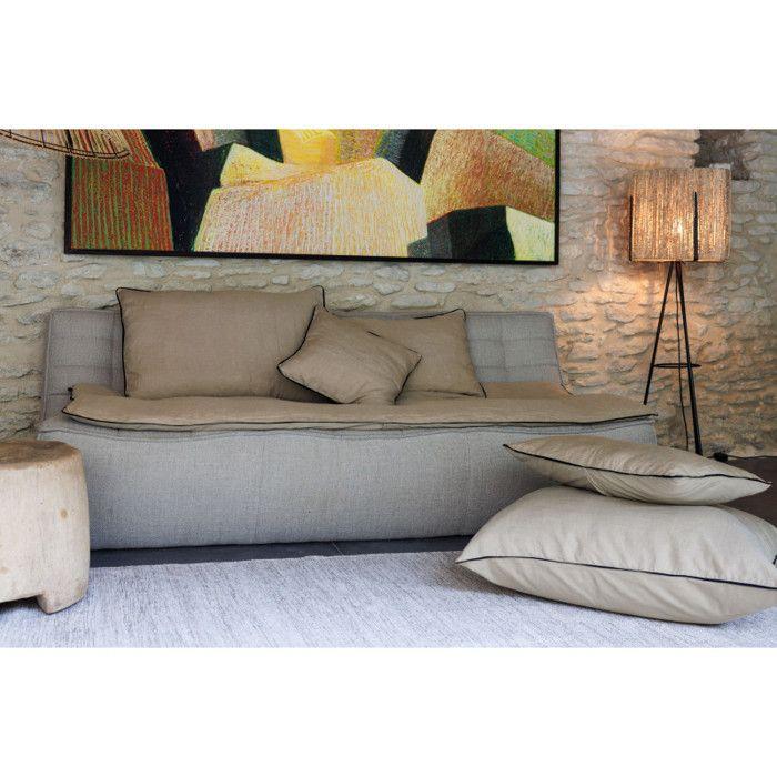 Washed Linen Cushion Cover - Lined with Washed Cotton - Black Braid Finish "Prélude" Vent Du Sud - Prélude Khaki - Cushion Cover 30 X 5