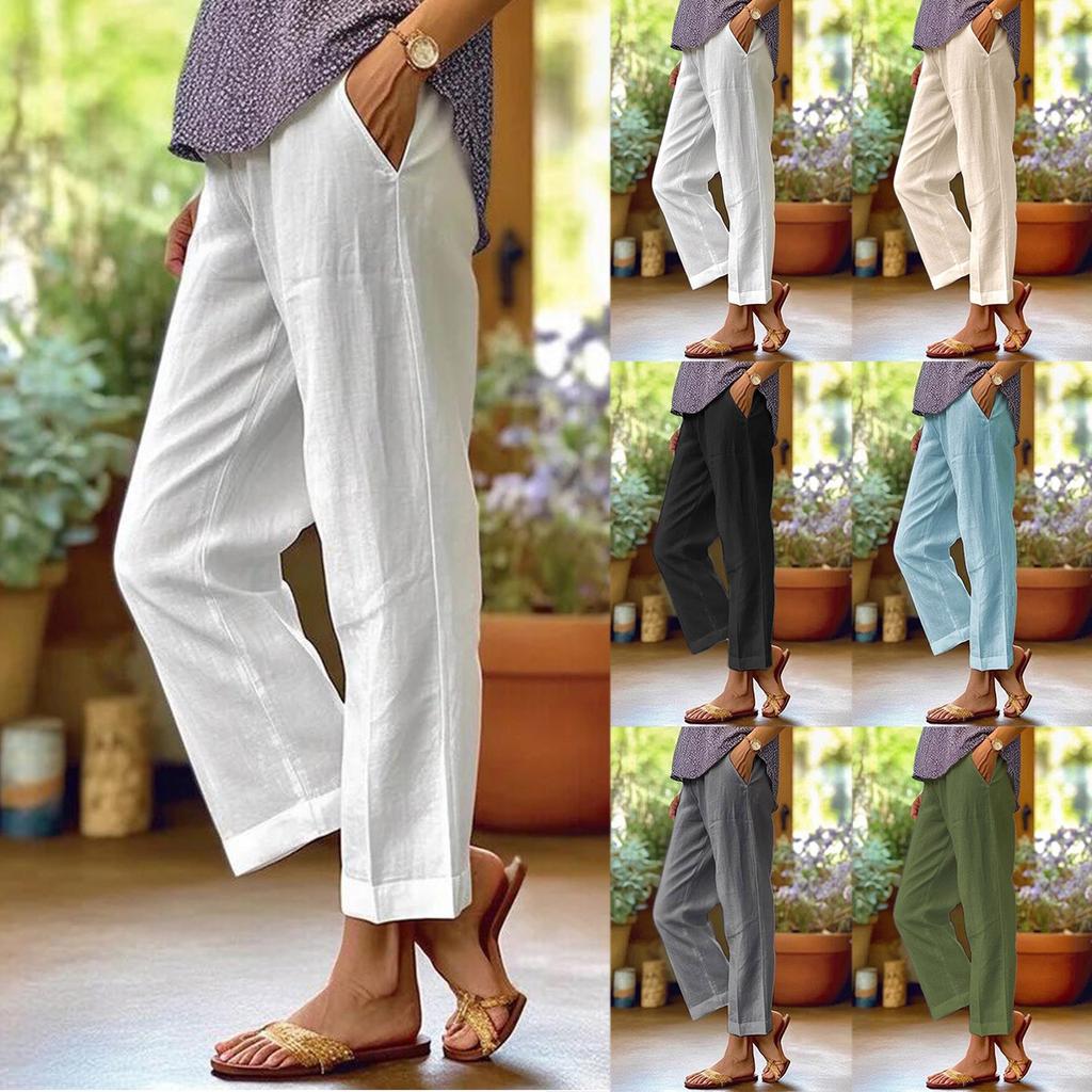 Women's Fashion Solid Color Loose Elastic Waist Straight Pocket Casual Pants