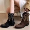 Size Ankle Cowboy Boots For Women Suede Real Leather Embroidery Cowgirl Chunky Heels Shoes Winter Short Booties