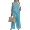 2 Pcs/Set Women Vest Pants Set Round Neck Sleeveless Loose Solid Color Top Wide Leg Pants Casual Homewear Two-piece Sports Top Trousers Set