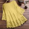 Women Shirt V-neck Lace-up Half Sleeve Pullover Tops Solid Color Loose Fit Embroidery Lace Flower Splicing Shirt